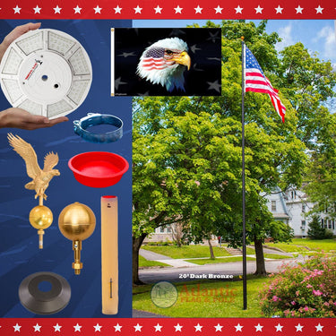 Black bronze 20' flagpole set with eagle topper and accessories by Atlantic Flag & Pole Inc.